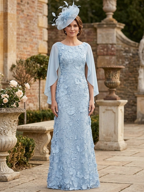 A-Line/Princess Scoop Chiffon Mother of the Bride Dresses Lace Floral Floor-Length Cape Sleeves