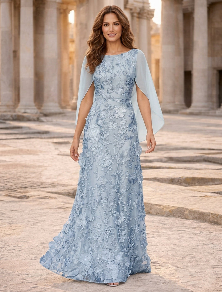 A-Line/Princess Scoop Chiffon Mother of the Bride Dresses Lace Floral Floor-Length Cape Sleeves