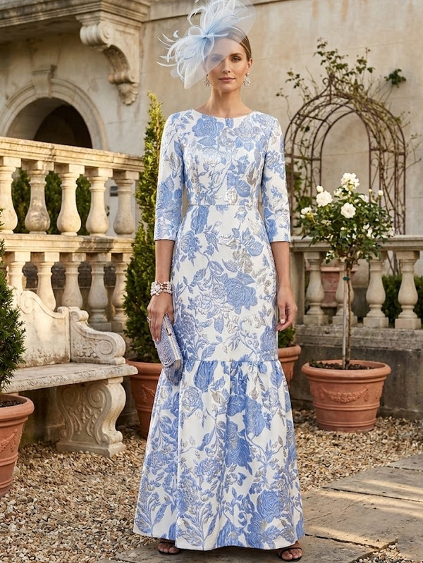 A-Line/Princess Scoop Jacquard Mother of the Bride Dresses Floral Floor-Length 3/4 Sleeves Ruffles