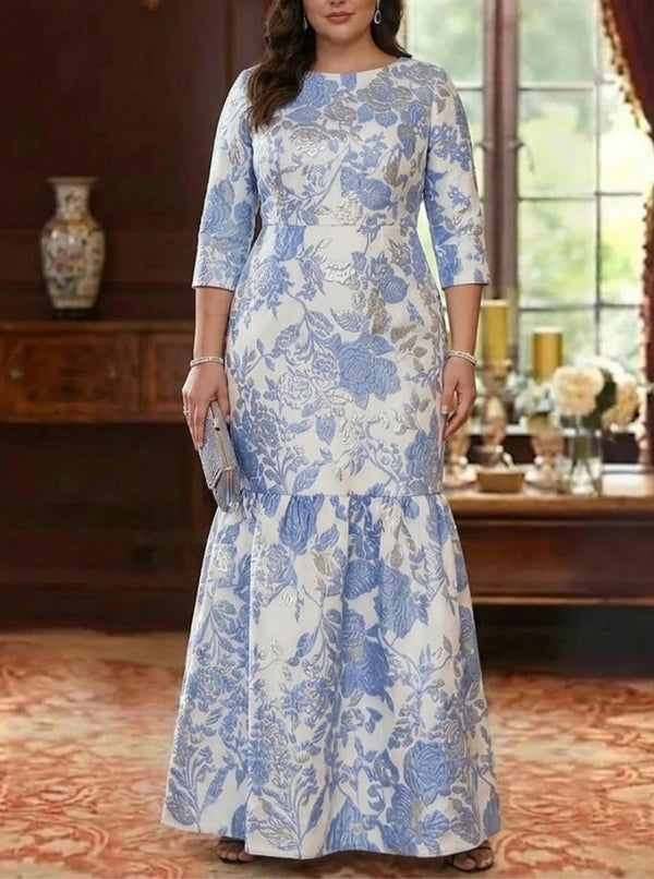 A-Line/Princess Scoop Jacquard Plus Size  Mother of the Bride Dresses Floral Floor-Length 3/4 Sleeves Ruffles