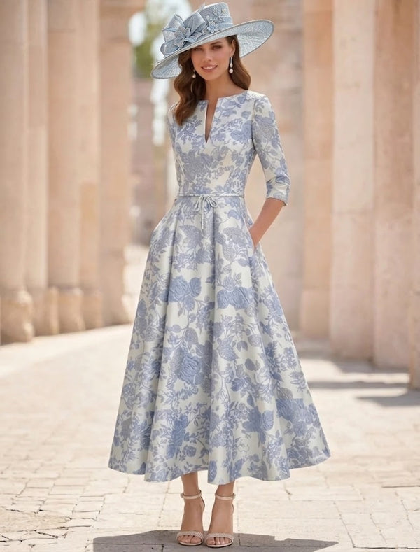 A-Line/Princess V-Neck Jacquard Mother of the Bride Dresses Floral Tea-Length Half Sleeves Ruffles