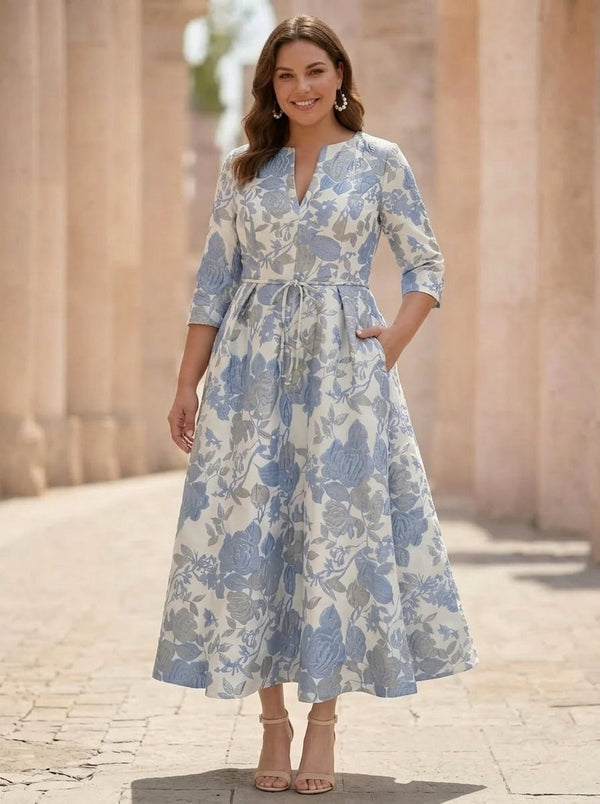 A-Line/Princess V-Neck Jacquard Plus Size Mother of the Bride Dresses Floral Tea-Length Half Sleeves Ruffles
