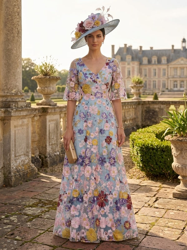 A-Line/Princess V-Neck Mother of the Bride Dresses Lace Floral Half Sleeves Floor-Length