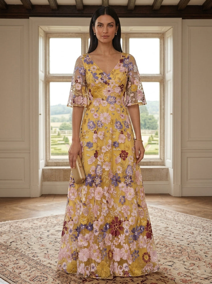 A-Line/Princess V-Neck Mother of the Bride Dresses Lace Floral Half Sleeves Floor-Length