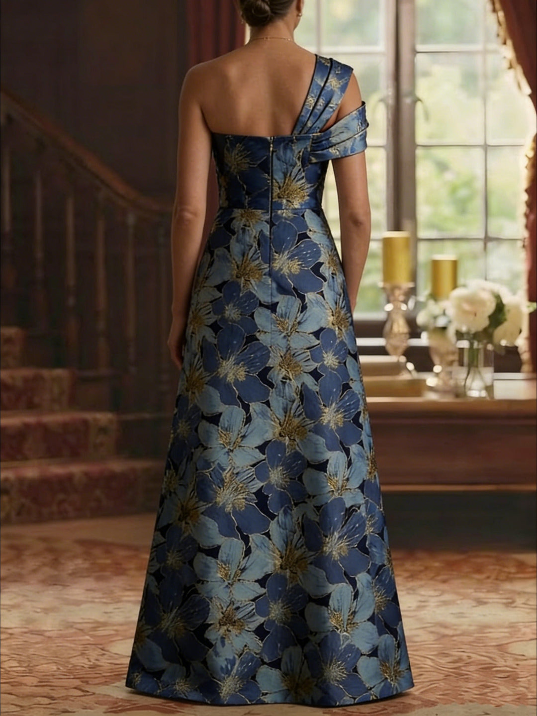 A-Line/Princess One-Shoulder Jacquard Mother of the Bride Dresses Floral Floor-Length Sleeveless