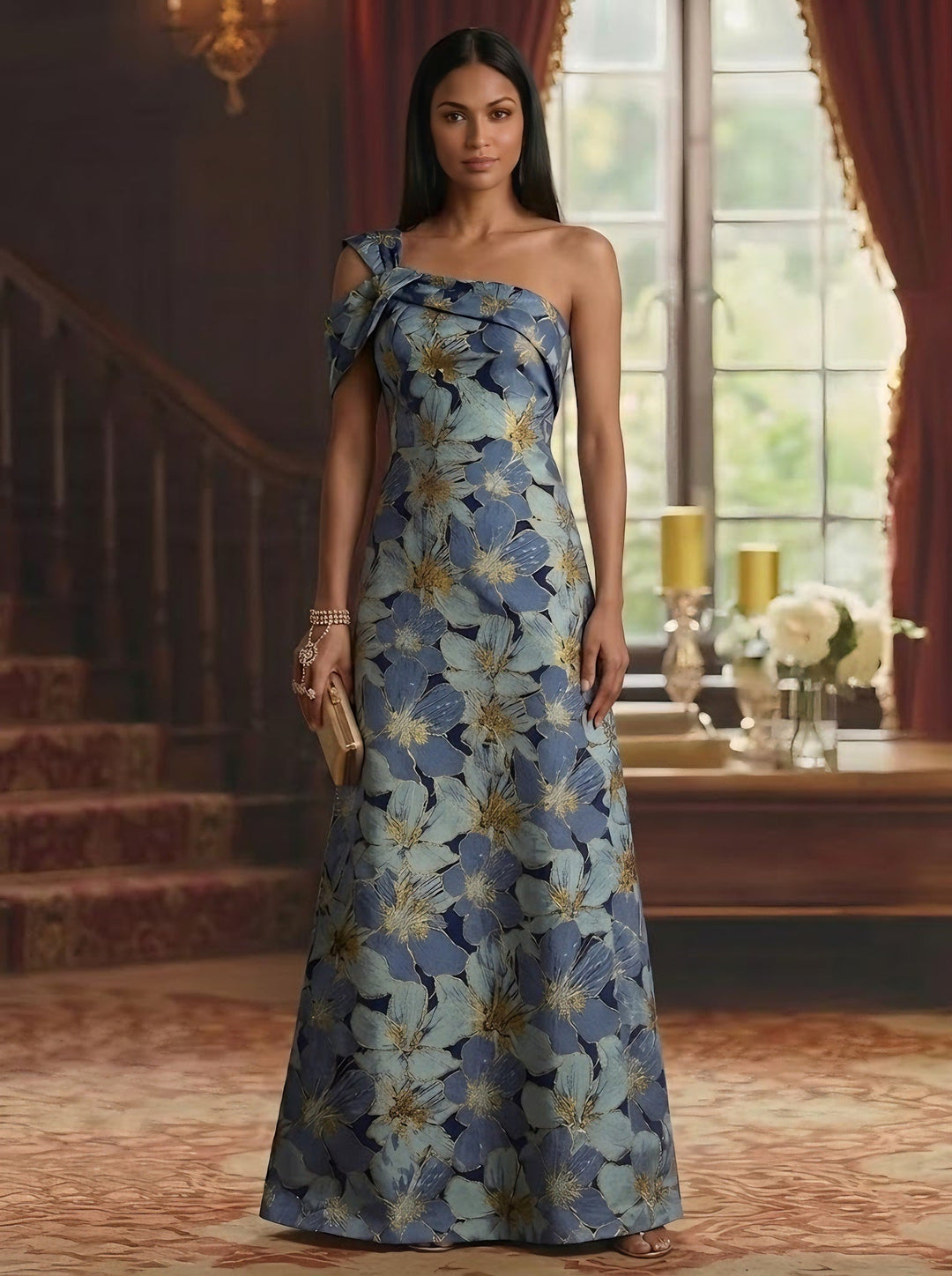 A-Line/Princess One-Shoulder Jacquard Mother of the Bride Dresses Floral Floor-Length Sleeveless