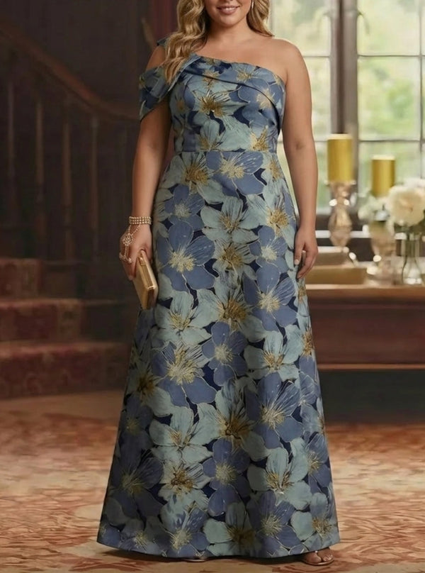 A-Line/Princess One-Shoulder Jacquard Plus Size Mother of the Bride Dresses Floral Floor-Length Sleeveless