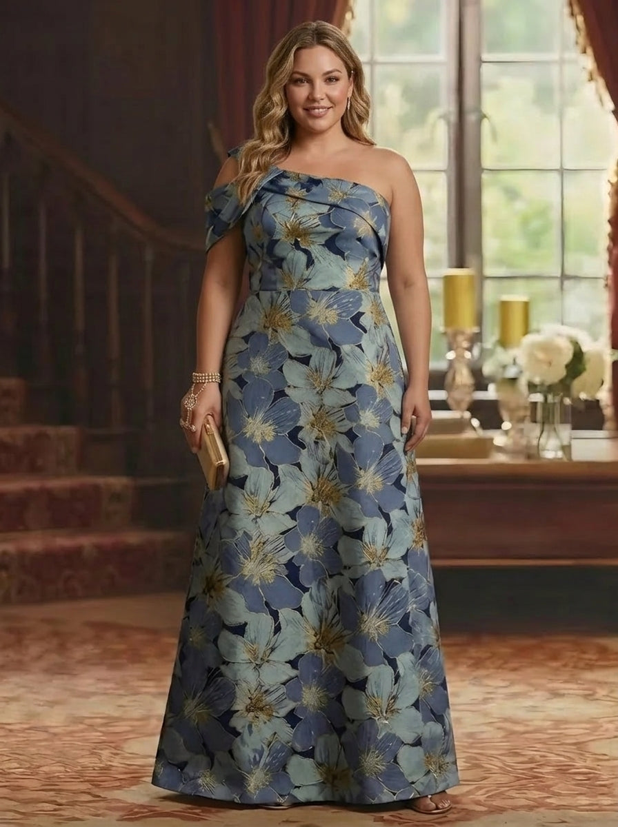 A-Line/Princess One-Shoulder Jacquard Plus Size Mother of the Bride Dresses Floral Floor-Length Sleeveless