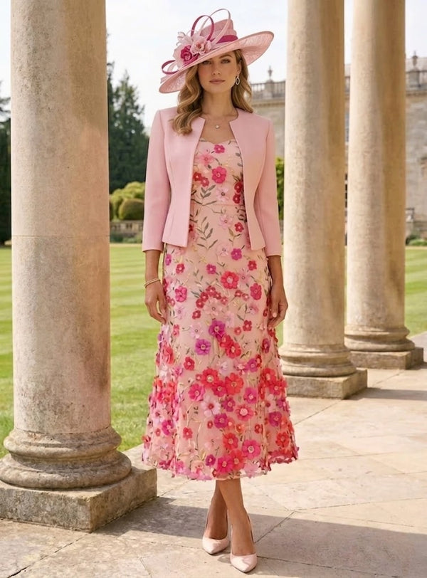A-Line/Princess Scoop Stretch Satin Mother of the Bride Dresses with Jacket Lace Embroidery Floral Tea-Length 3/4 Sleeves