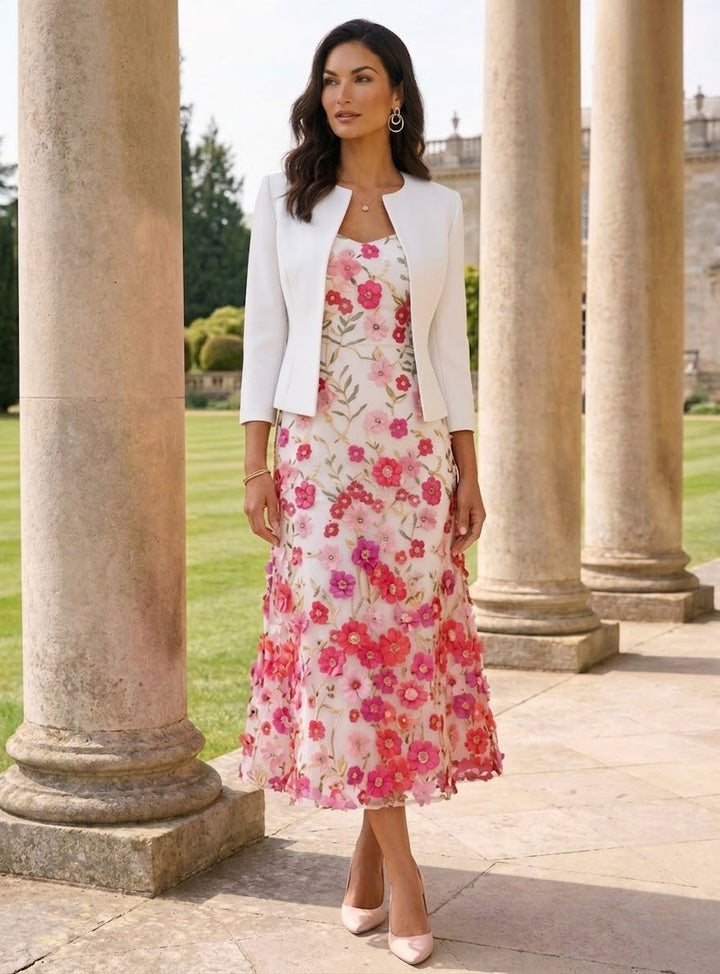 A-Line/Princess Scoop Stretch Satin Mother of the Bride Dresses with Jacket Lace Embroidery Floral Tea-Length 3/4 Sleeves