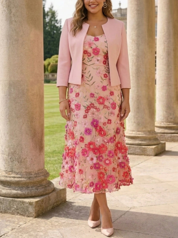 A-Line/Princess Scoop Stretch Satin Plus Size Mother of the Bride Dresses with Jacket Lace Embroidery Floral Tea-Length 3/4 Sleeves