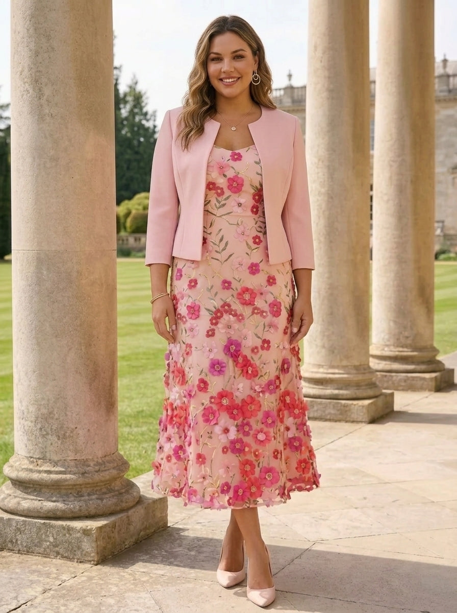 A-Line/Princess Scoop Stretch Satin Plus Size Mother of the Bride Dresses with Jacket Lace Embroidery Floral Tea-Length 3/4 Sleeves