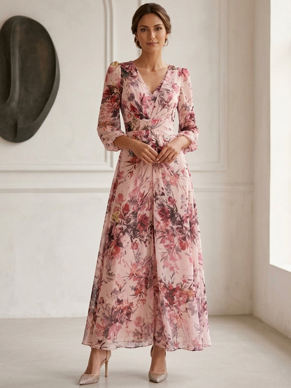 A-Line/Princess V-Neck Chiffon Mother of the Bride Dresses Floral Ankle-Length 3/4 Sleeves