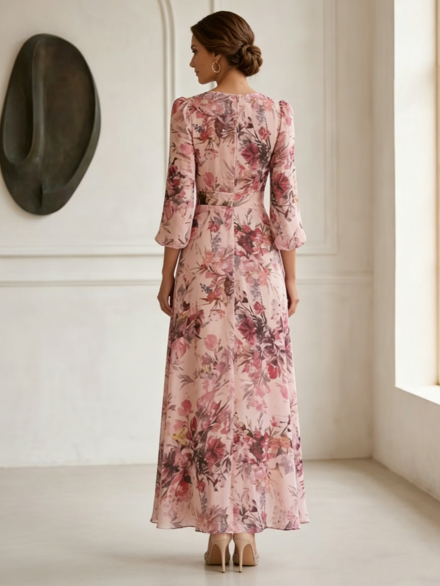 A-Line/Princess V-Neck Chiffon Mother of the Bride Dresses Floral Ankle-Length 3/4 Sleeves