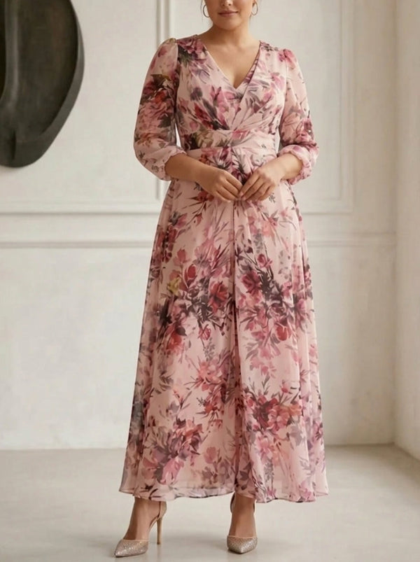 A-Line/Princess V-Neck Chiffon Plus Size Mother of the Bride Dresses Floral Ankle-Length 3/4 Sleeves
