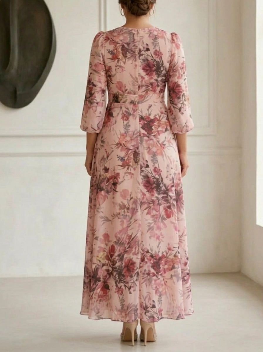 A-Line/Princess V-Neck Chiffon Plus Size Mother of the Bride Dresses Floral Ankle-Length 3/4 Sleeves