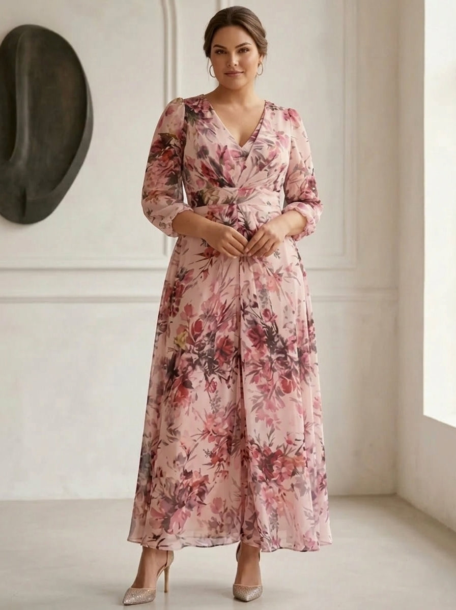 A-Line/Princess V-Neck Chiffon Plus Size Mother of the Bride Dresses Floral Ankle-Length 3/4 Sleeves