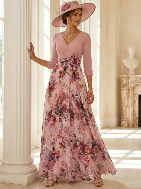 A-Line/Princess V-Neck Elastic Chiffon Mother of the Bride Dresses with 3D Flower Floral Ankle-Length 3/4 Sleeves