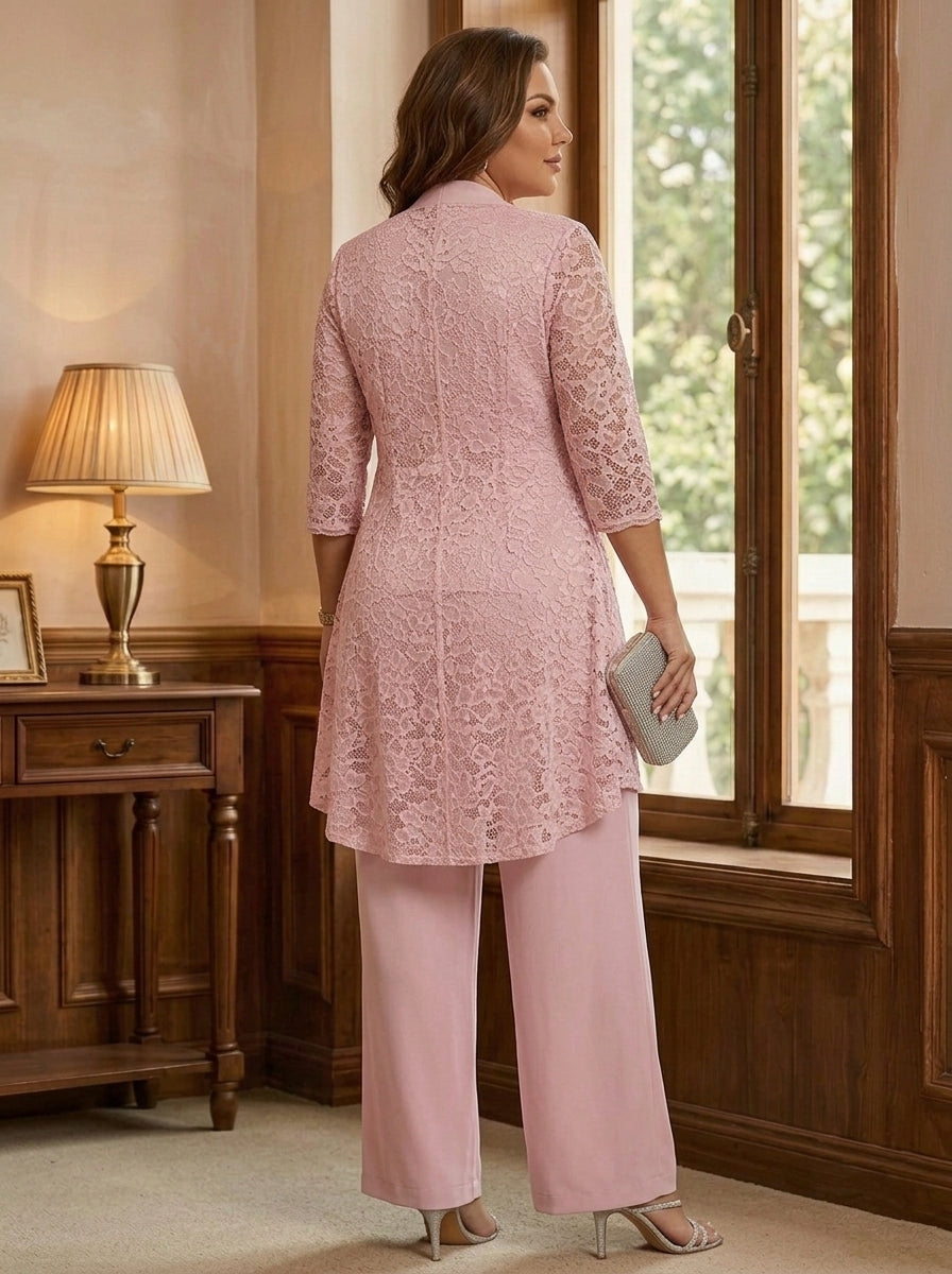 3 Pieces Suit V-Neck Chiffon Plus Size Mother of the Bride Pantsuits with Jacket Lace Ankle-Length 3/4 Sleeves