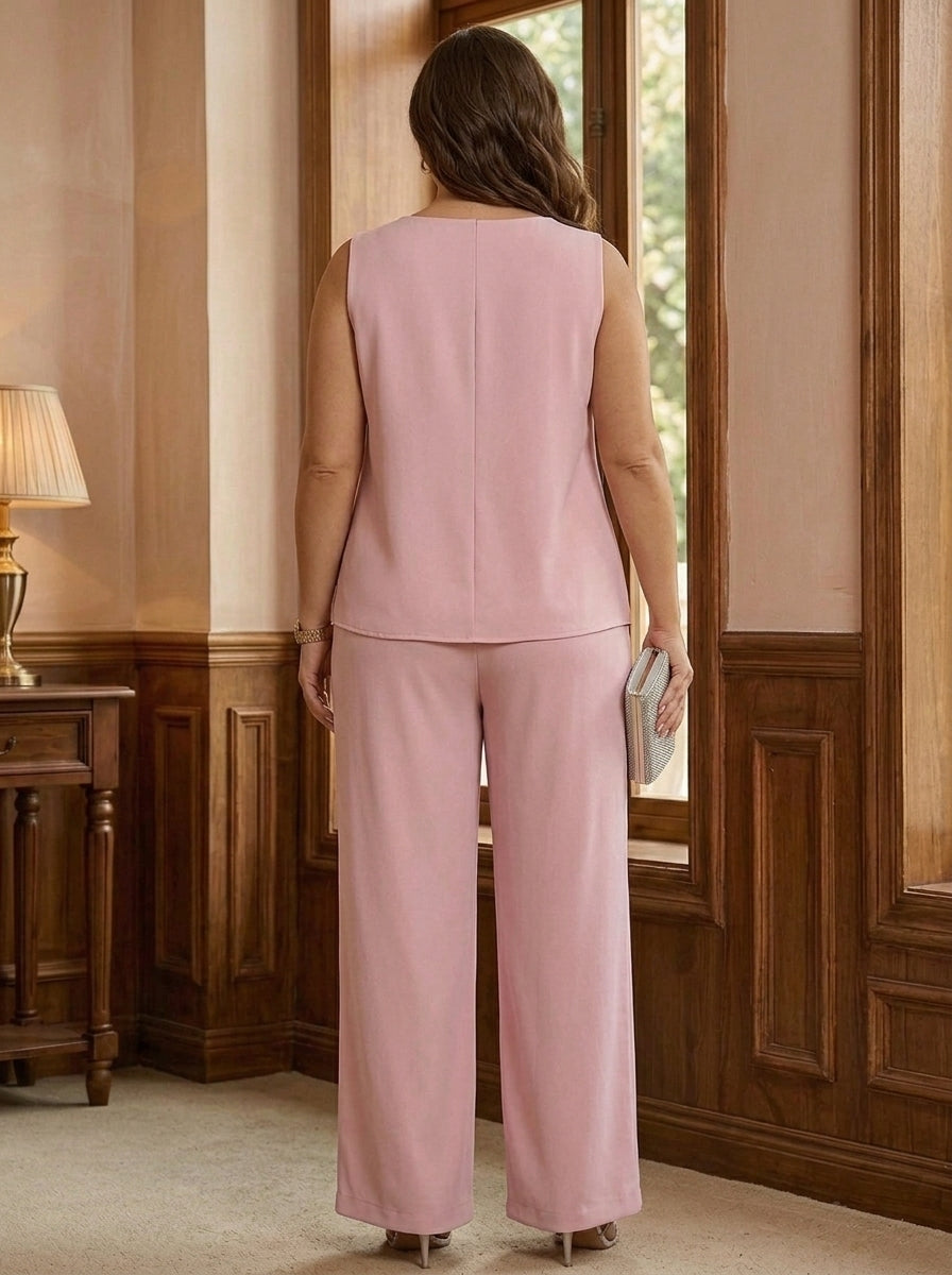 3 Pieces Suit V-Neck Chiffon Plus Size Mother of the Bride Pantsuits with Jacket Lace Ankle-Length 3/4 Sleeves