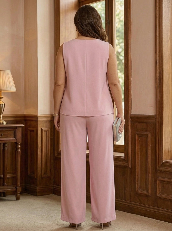 3 Pieces Suit V-Neck Chiffon Plus Size Mother of the Bride Pantsuits with Jacket Lace Ankle-Length 3/4 Sleeves