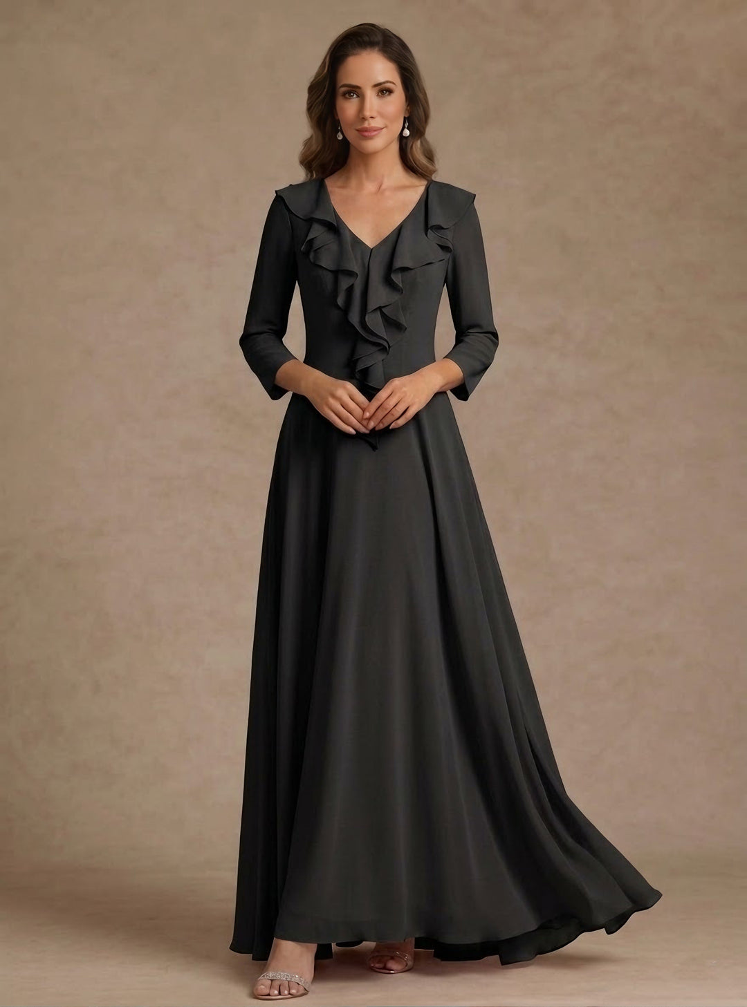 A-Line/Princess V-Neck Chiffon Mother of the Bride Dresses Floor-Length 3/4 Sleeves Ruffles