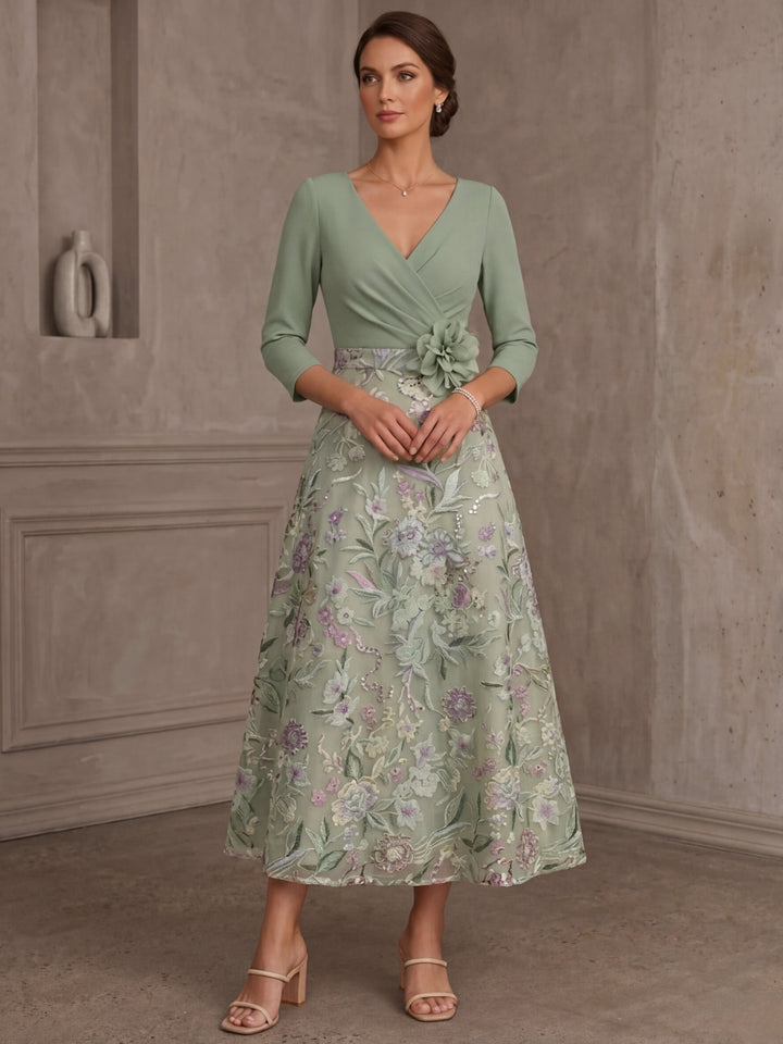 A-Line/Princess V-Neck Stretch Satin Mother of the Bride Dresses with 3D Flower Lace Floral 3/4 Sleeves Tea-Length