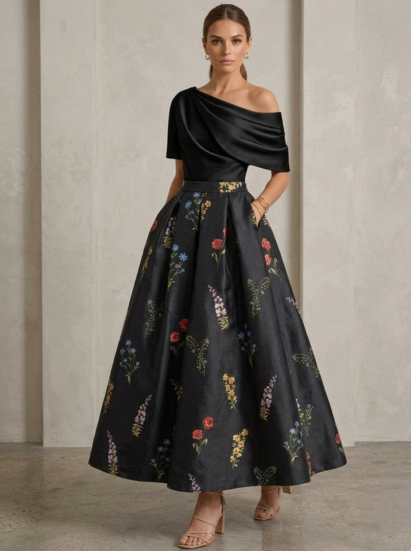 A-Line/Princess One-Shoulder Mother of the Bride Dresses Satin Floral Short Sleeves Ankle Length