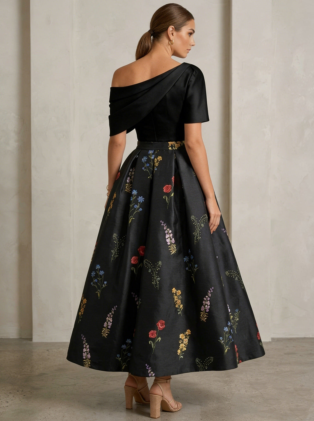 A-Line/Princess One-Shoulder Mother of the Bride Dresses Satin Floral Short Sleeves Ankle Length