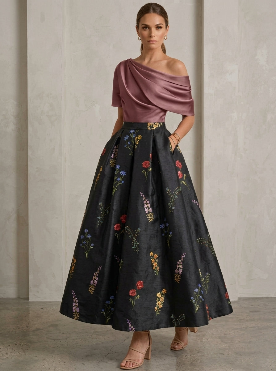 A-Line/Princess One-Shoulder Mother of the Bride Dresses Satin Floral Short Sleeves Ankle Length