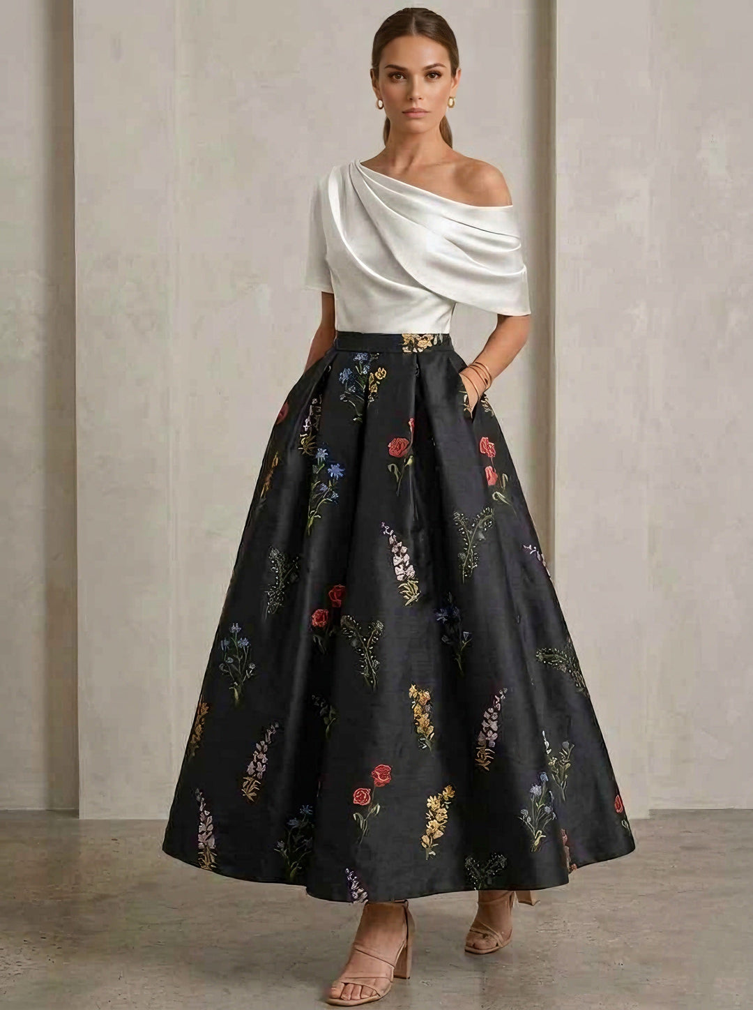 A-Line/Princess One-Shoulder Mother of the Bride Dresses Satin Floral Short Sleeves Ankle Length