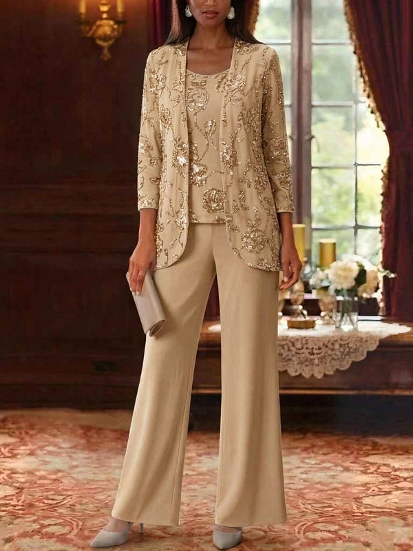 3 Pieces Suit Scoop Chiffon Mother of the Bride Pantsuits with Jacket Sequins Ankle-Length 3/4 Sleeves