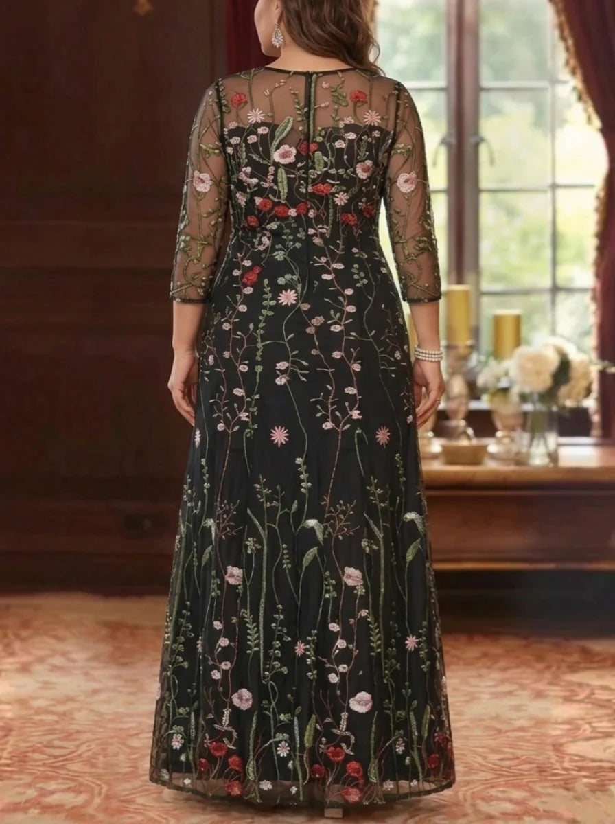 A-Line/Princess Scoop Lace Embroidery Plus Size Mother of the Bride Dresses Floral 3/4 Sleeves Floor-Length