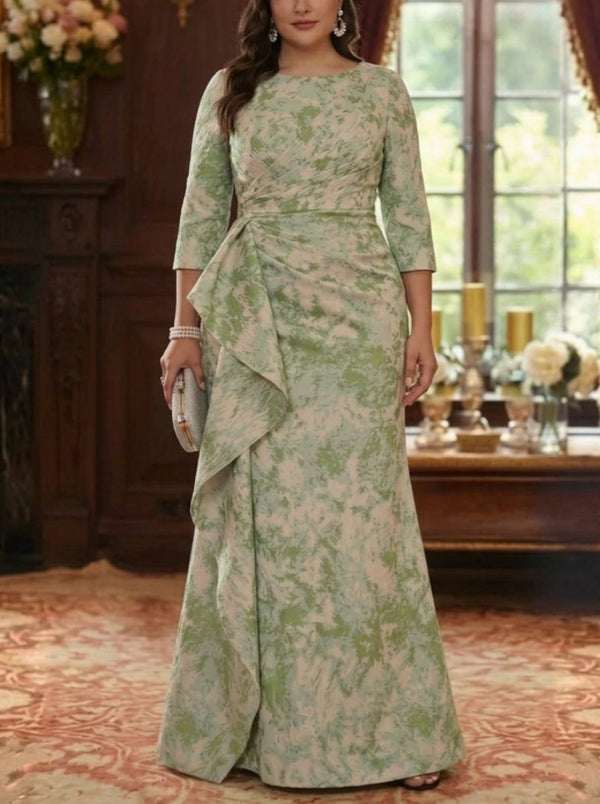 Sheath/Column Scoop Jacquard Plus Size Mother of the Bride Dresses Floor-Length Floral 3/4 Sleeves Ruffles