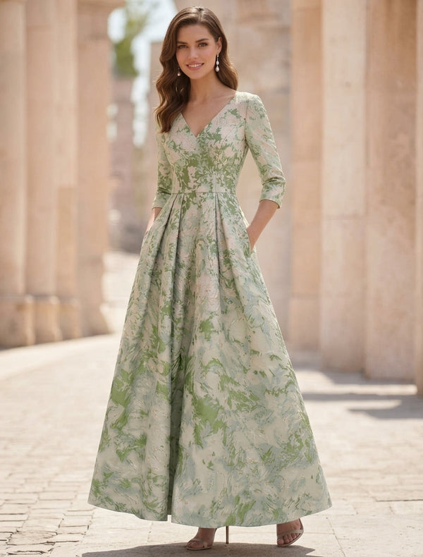 A-Line/Princess V-Neck Jacquard Mother of the Bride Dresses Ankle-Length 3/4 Sleeves Floral