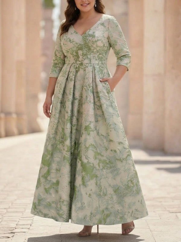 A-Line/Princess V-Neck Jacquard Plus Size Mother of the Bride Dresses Ankle-Length 3/4 Sleeves Floral