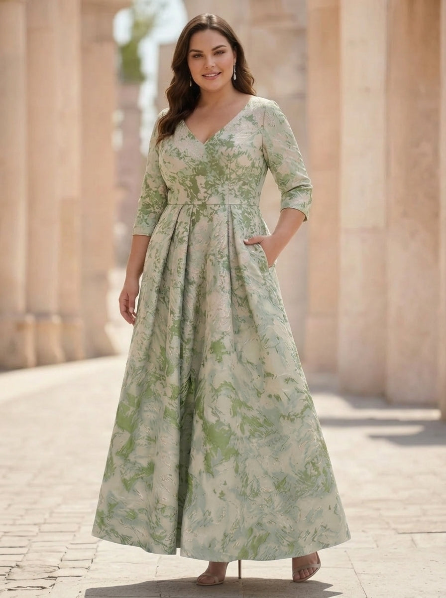 A-Line/Princess V-Neck Jacquard Plus Size Mother of the Bride Dresses Ankle-Length 3/4 Sleeves Floral
