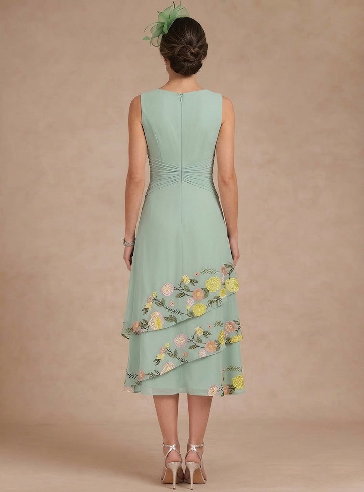 2 Pieces A-Line/Princess Scoop Chiffon Mother of the Bride Dresses with Jacket Tea-Length 3/4 Sleeves Floral