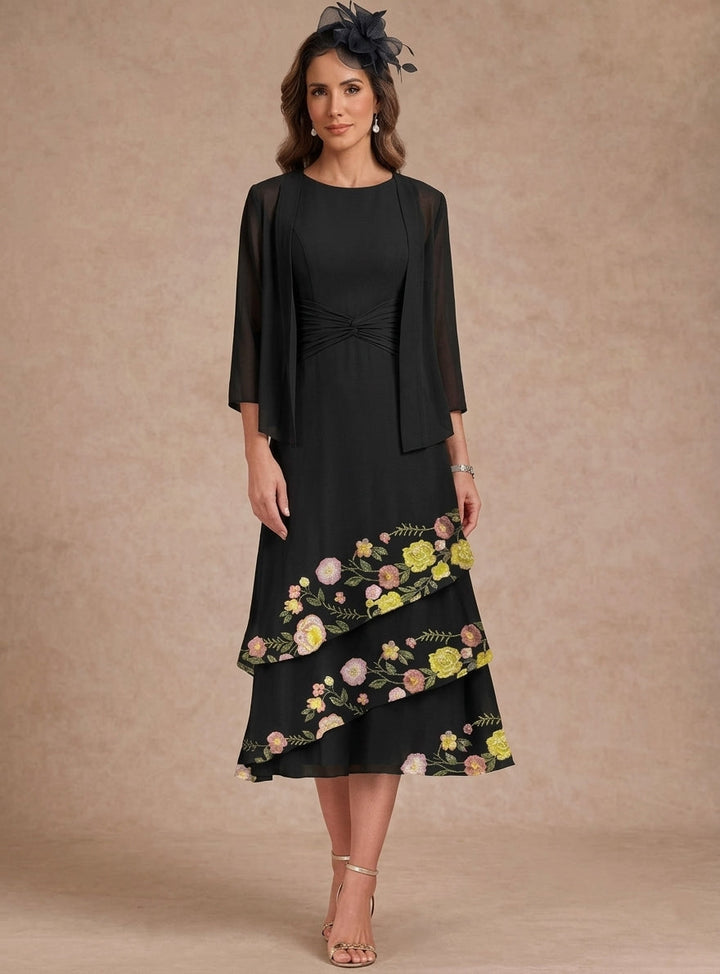 2 Pieces A-Line/Princess Scoop Chiffon Mother of the Bride Dresses with Jacket Tea-Length 3/4 Sleeves Floral