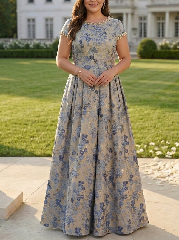 A-Line/Princess Scoop Jacquard Plus Size Mother of the Bride Dresses Floral Short Sleeves Floor Length Beading