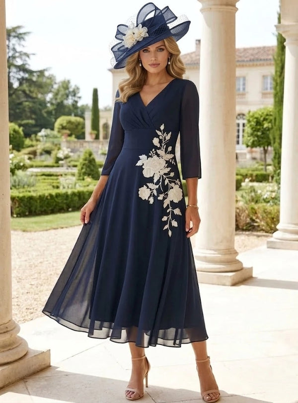 A-Line/Princess V-Neck Chiffon Mother of the Bride Dresses Tea-Length 3/4 Sleeves Lace Floral