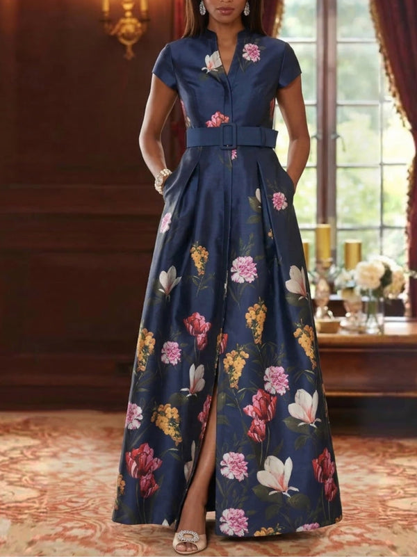 A-Line/Princess V-Neck Printed Satin Mother of the Bride Dresses with Split Side Floral Short Sleeves Floor Length Belt