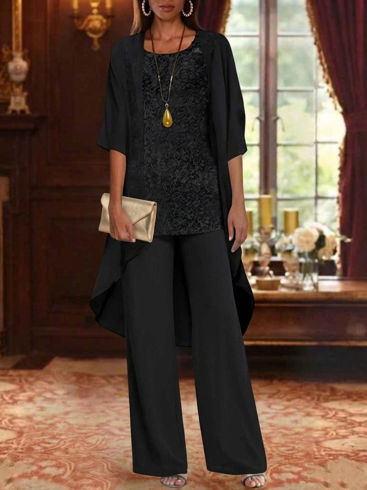 3 Pieces Suit Chiffon Mother of the Bride Pantsuits with Jacket Scoop 3/4 Sleeves Ankle Length Lace