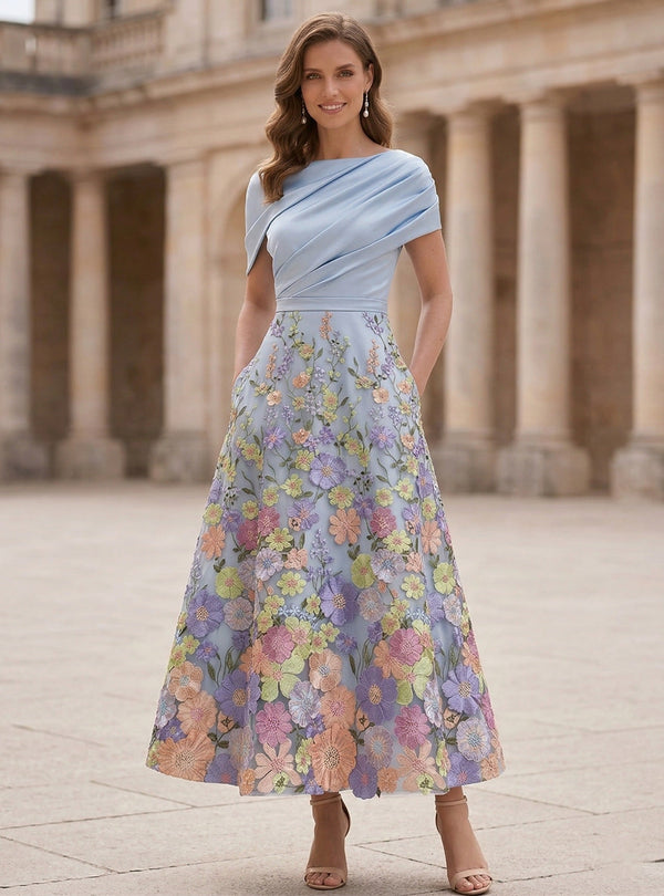 A-Line/Princess Boat Neck Satin Mother of the Bride Dresses Floral Tea-Length Short Sleeves Ruched
