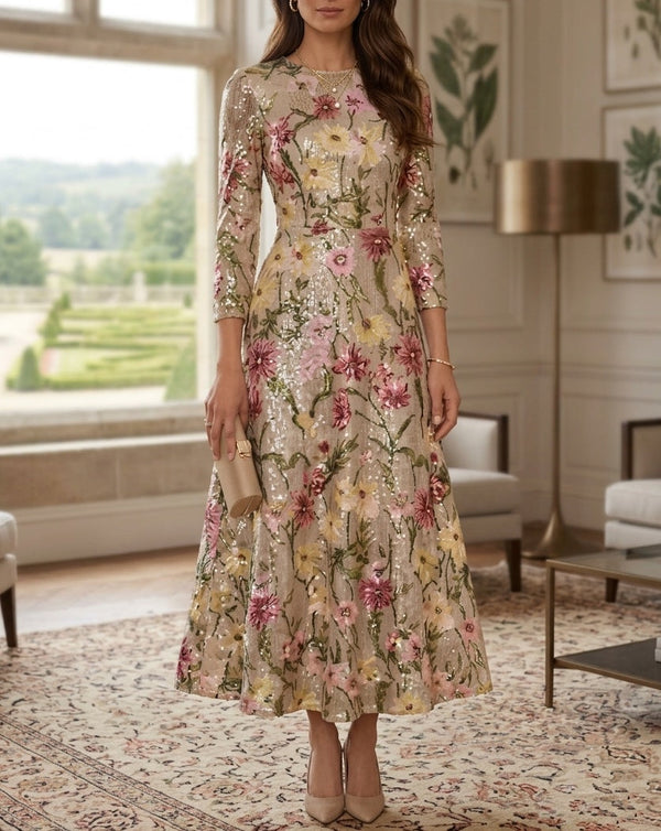 A-Line/Princess Scoop Sequins Mother of the Bride Dresses 3/4 Sleeves Floral Ankle-Length