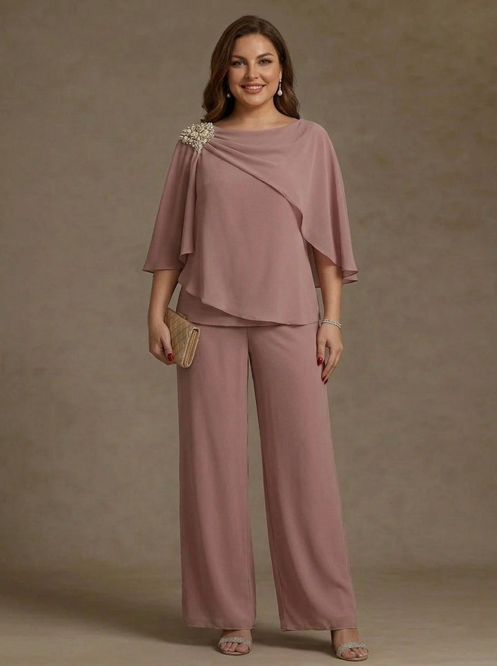 2 Piece Boat Neck Chiffon Plus Size Mother of the Bride Pantsuits Cape Sleeves Ankle-Length Rhinestone