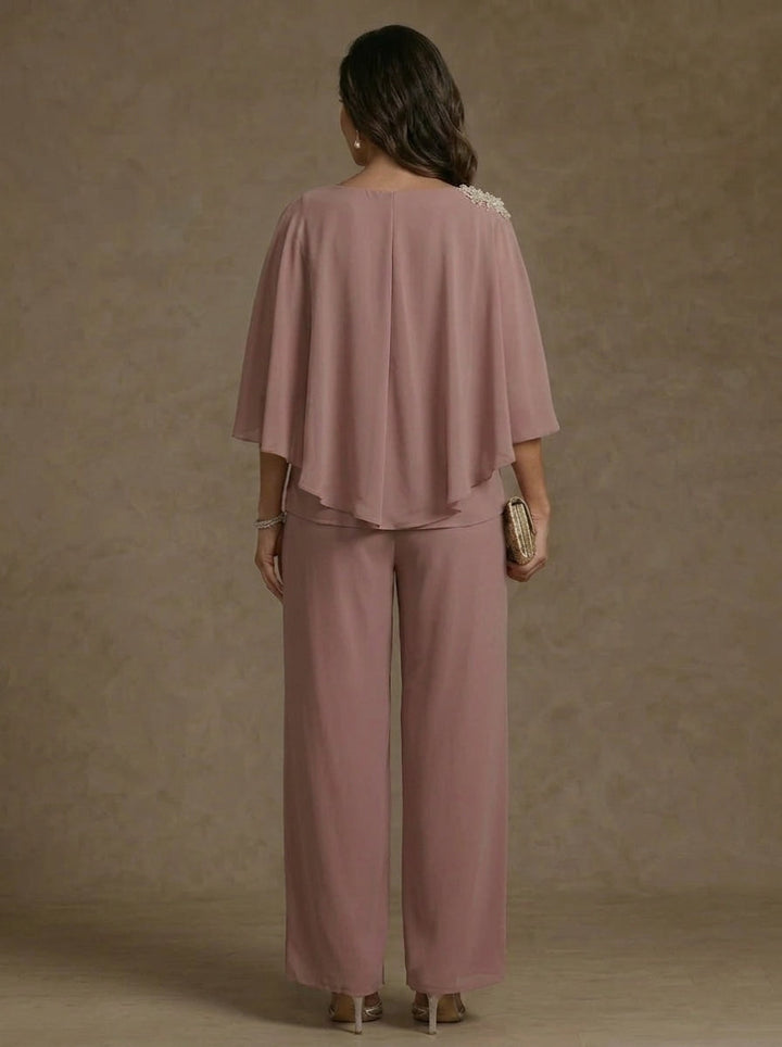 2 Piece Boat Neck Chiffon Plus Size Mother of the Bride Pantsuits Cape Sleeves Ankle-Length Rhinestone