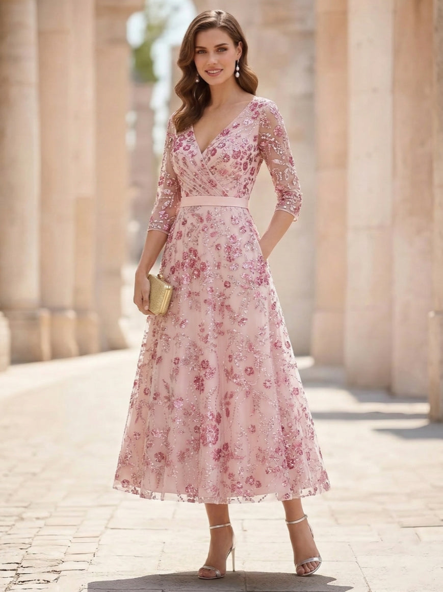 A-Line/Princess V-Neck Sequins Lace Mother of the Bride Dresses 3/4 Sleeves Floral Tea-Length