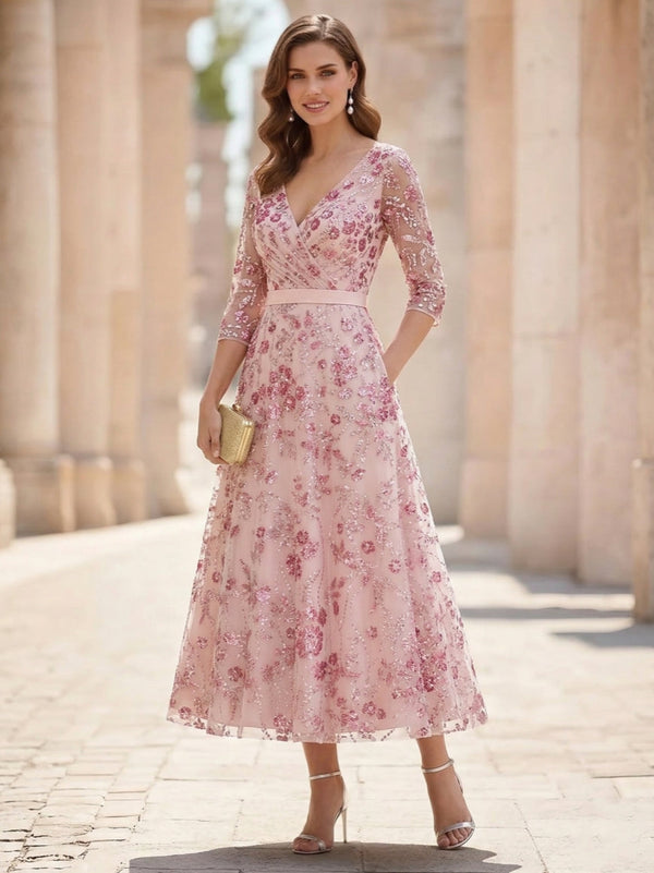 A-Line/Princess V-Neck Sequins Lace Mother of the Bride Dresses 3/4 Sleeves Floral Tea-Length