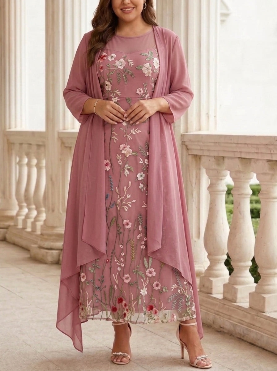 2 Pieces A-Line/Princess Scoop Chiffon Plus Size Mother of the Bride Dresses with Jacket Long Sleeves Ankle-Length Lace Floral
